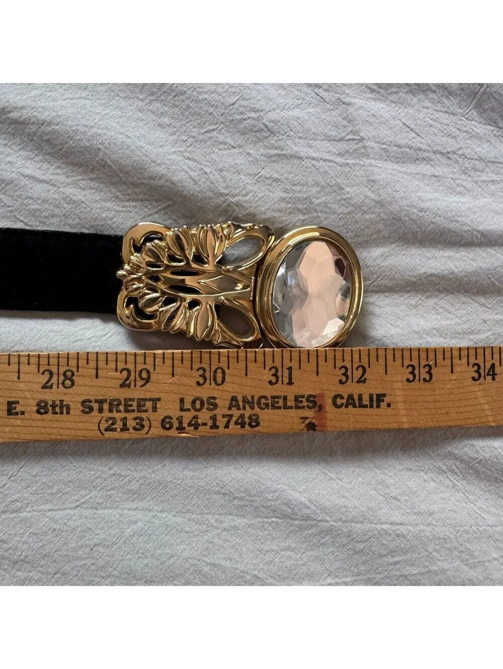 Vintage Black Suede Belt Gold Filigree Butterfly Crystal Buckle Maximalist Boho